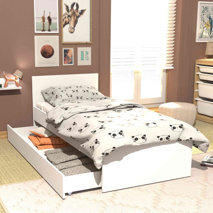 Lit tiroirs en bois blanc 90x190 - LT14013 - Blanc - Terre de Nuit Lit tiroirs en bois blanc 90x190 - LT14013 - Blanc - Terre de Nuit