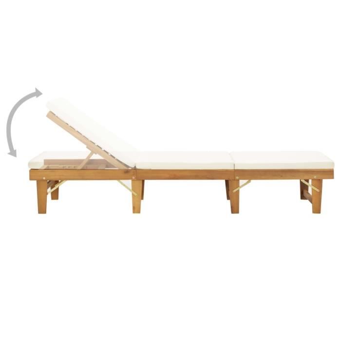 bains de soleil/chaise longue pliante - avec coussin bois d'acacia solide - 200x61x30/55,5/70/86cm - naturelle et blanc crème