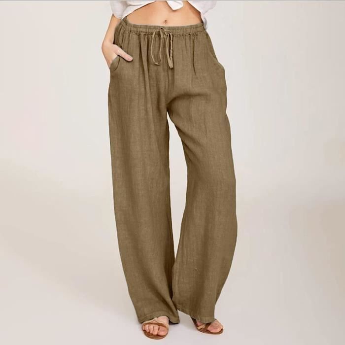 Pantalons Femme Coton Lin Taille Haute Casual Leger Grande Taille Cordon Elastique Ample Palazzo Pantalon Large avec Poches brun Brun Cdiscount Pret a Porter