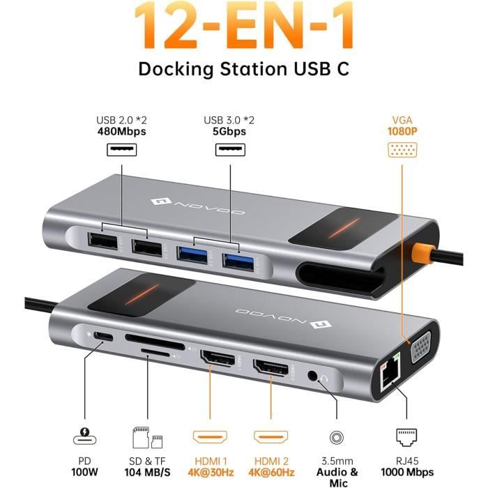 NOVOO Docking Station 12-in-1 Con Triplo Display, Doppia HDMI 4K E Ricarica PD 100W