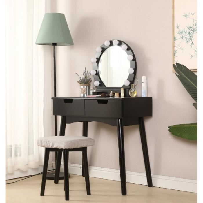 Coiffeuse noir avec Miroir ovale et Lampe LED Table de Maquillage