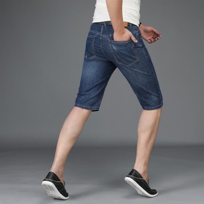 Pantacourt homme en jean de Marque d chir coupe droite straight bermuda ado en denim D contract pour l t bleu fonc