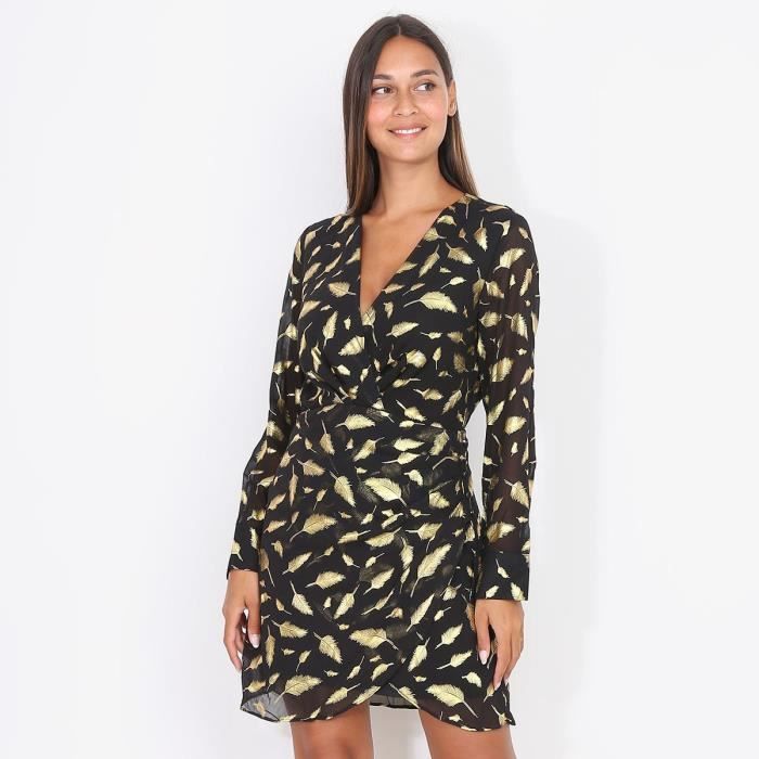 Robe cache c ur noire motifs feuilles dor es Noir Cdiscount