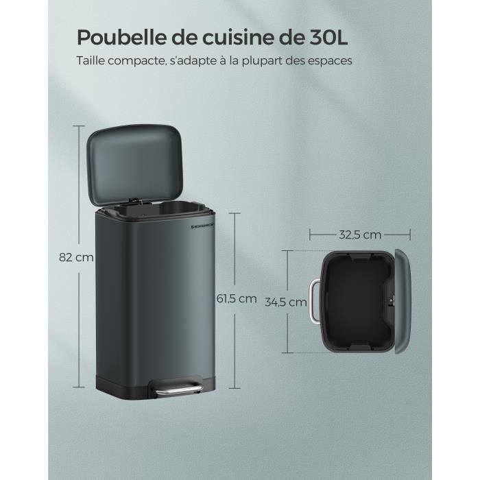 Poubelle 30 litres avec pédale en acier seau intérieur et couvercle poignée  fermeture discrète hermétique pour cuisine salon blanc cassée