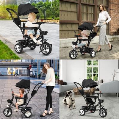Tricycle évolutif 4 En 1 – Siège Réversible, Poignée Poussée Réglable, Harnais De Sécurité, Capote UPF50+, Roues Caoutchouc – 9 Mois à 5 Ans – Gris