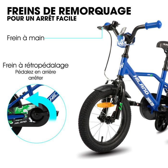 Vélo Enfant 14 Pouces Avec Roues Stabilisatrices - Cadre Acier, Freins Doubles, Selle Réglable - Pour 3 à 6 Ans (bleu, Rouge, Blanc, Jaune)