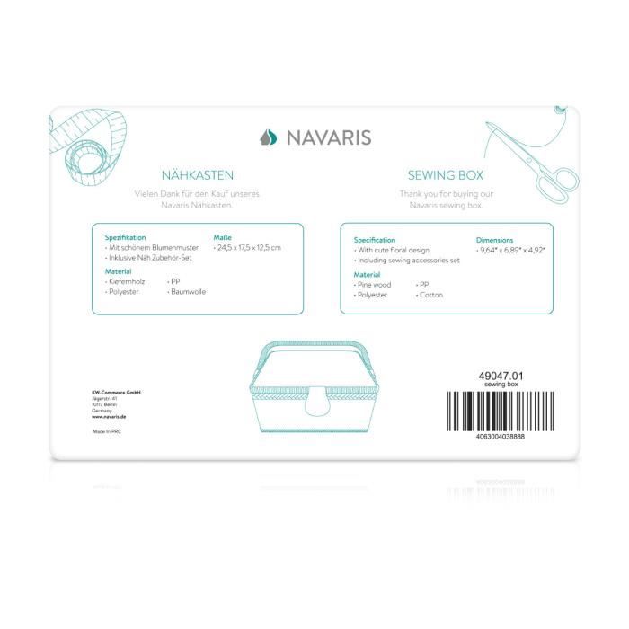 Navaris Boîte à Couture Complète - Boîte à Coudre 24,5 x 17,5 x 12,5 cm -  Kit de Couture 76x Accessoire avec Poignée Motif Floral : :  Cuisine et Maison
