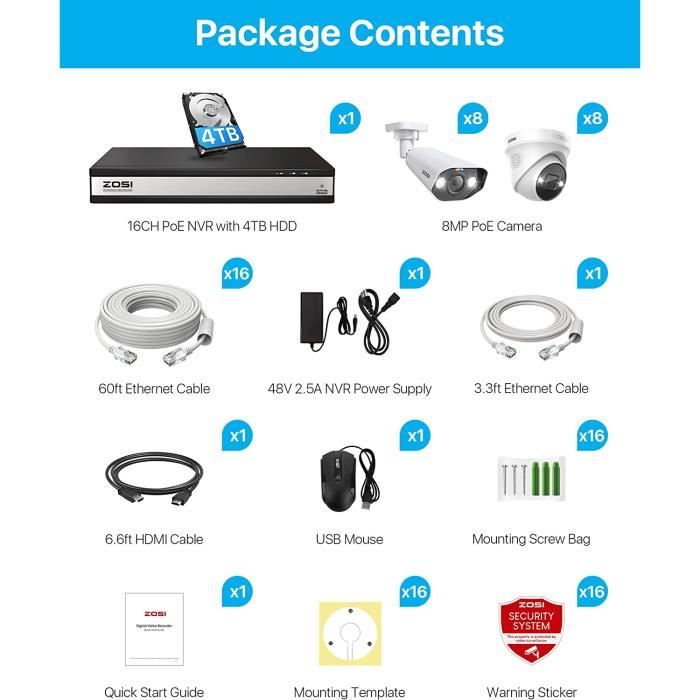 ZOSI 4K PoE Kit Caméra de Surveillance, 16pcs 8MP Caméra + 16CH NVR 4K avec HDD de 4 to, Vision Nocturne Couleur, Détection Humaine, Alarme Sonore et Lumineuse Protection, Enregistrement 24/7
