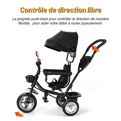 Tricycle évolutif 4 En 1 – Siège Réversible, Poignée Poussée Réglable, Harnais De Sécurité, Capote UPF50+, Roues Caoutchouc – 9 Mois à 5 Ans – Gris