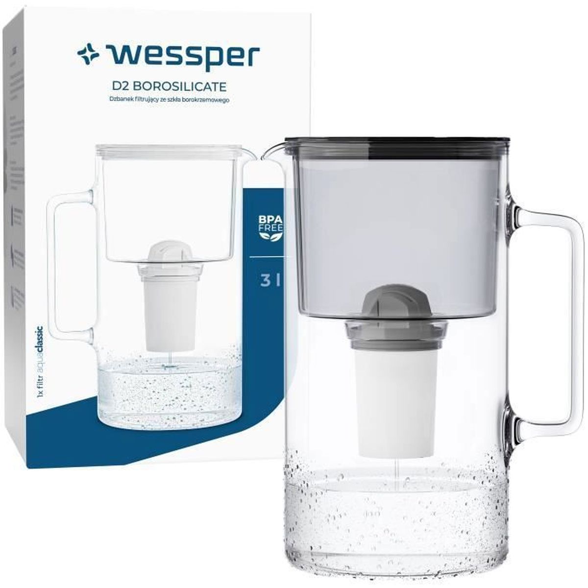 Wessper Carafe En Verre Avec 1 Filtre À Eau Avec Brita
