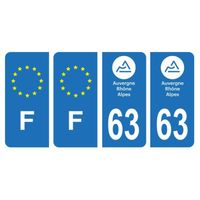 Lot 4 Autocollants plaque immatriculation voiture auto département 63 Puy-de-Dôme Logo Auvergne-Rhône-Alpes & F France Europe