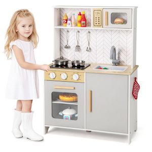Cuisine De Jeu En Bois Pour Enfants Cuisine D'Angle Avec Lumières Et Sons Réalistes Hotte Éclairée Distributeur D'Eau Machine à Laver Gris/Café/Rose/Blanc