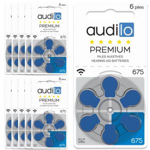 PILES Piles auditives Audilo Premium Taille 675 (PR44) - Un lot de 60 piles auditives / 10 plaquettes pour appareil auditif