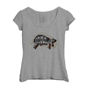 T-SHIRT T-shirt Femme Col Echancré Gris Tortue Minimaliste Biologie Illustration Ancienne