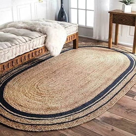 Grand tapis tissé en jute et coton naturel et noir Ethnique 160 x 230