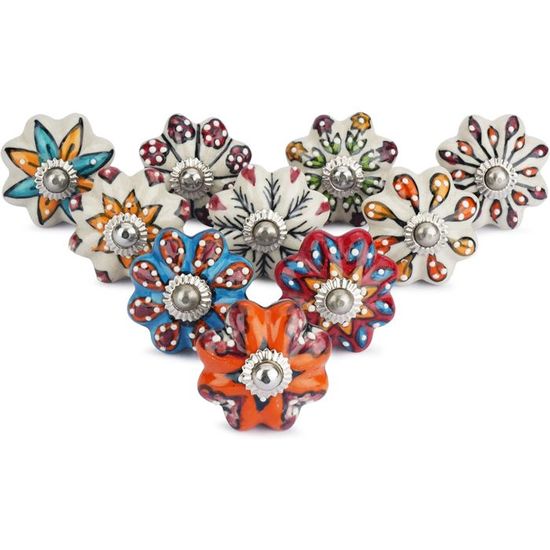 8 Boutons De Porte En Céramique Peints Main – Noir Et Blanc, Style Shabby Chic, Mango Tree