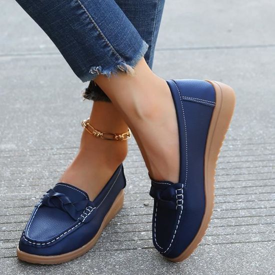 Mocassins Confort Femme - Chaussures Plates à Enfiler - Semelle Air - Pour Marche, Conduite - Bleu