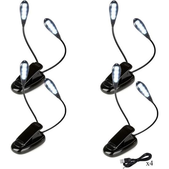 SUAVER Lot De 2 Lampes De Lecture Clip 8 LED - Deux Têtes Flexibles, 2 Modes Luminosité, Portable Et Rechargeable USB - Idéale Lecture Au Lit, Voyage Et Bureau