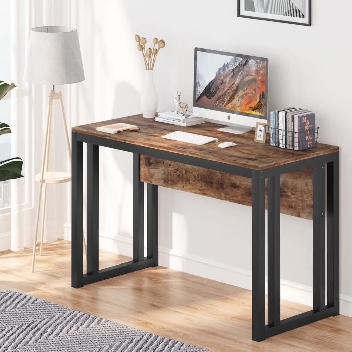 Bureau d'ordinateur de bureau industriel avec panneau avant station de travail en bois et cadre en métal Marron rustique 120x76x55CM