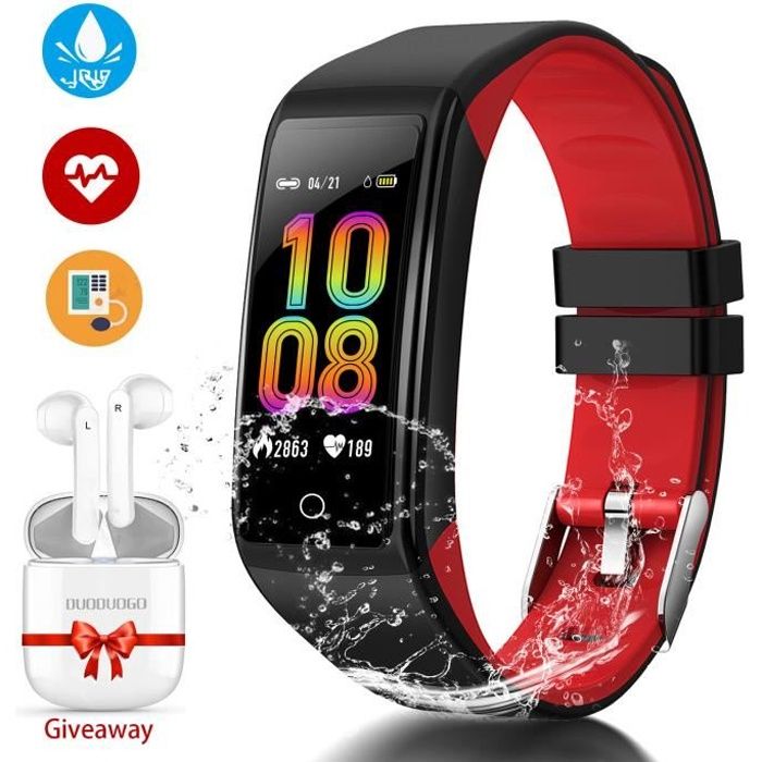 Montre Connectée Femmes Homme Enfant Smartwatch + Sport Casques sans Fil Bluetooth Écouteurs 5.0 Montre Intelligente-H3 RED