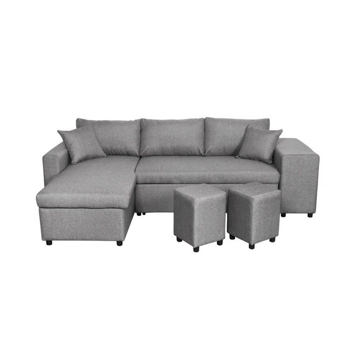 Canapé d'angle droit convertible Gris clair avec coffre et poufs OSLO