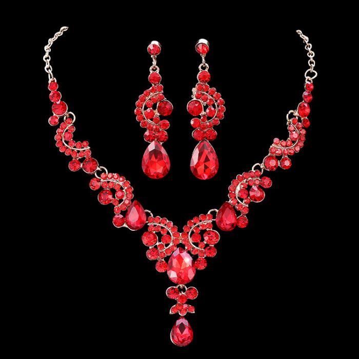 Collier de Cristal,Ensemble Deux Pièces de Collier et Boucles d'oreilles Colorés,Ensemble de Bijoux Bleu Champagne-Rouge-3