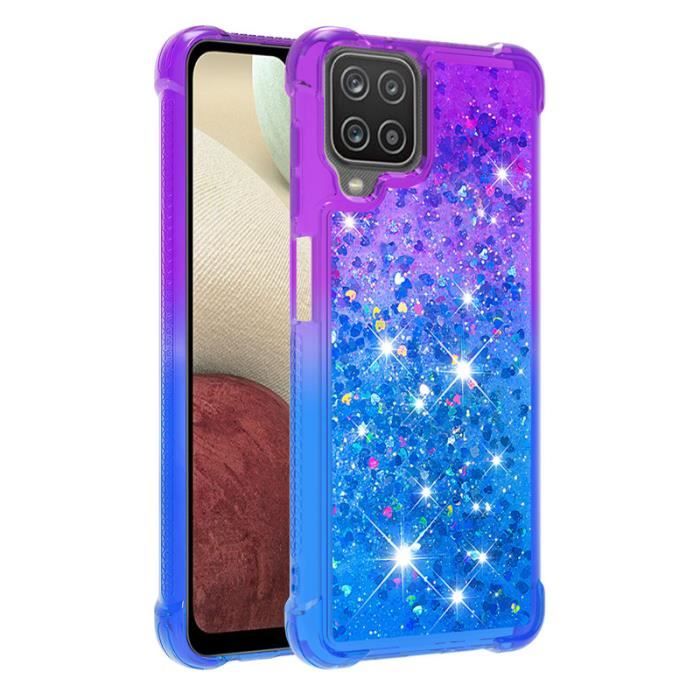 Coque Samsung Galaxy A12, Transparente Silicone Liquide Paillette Gradient Couleur Ultra-fin Antichoc, Violet Bleu