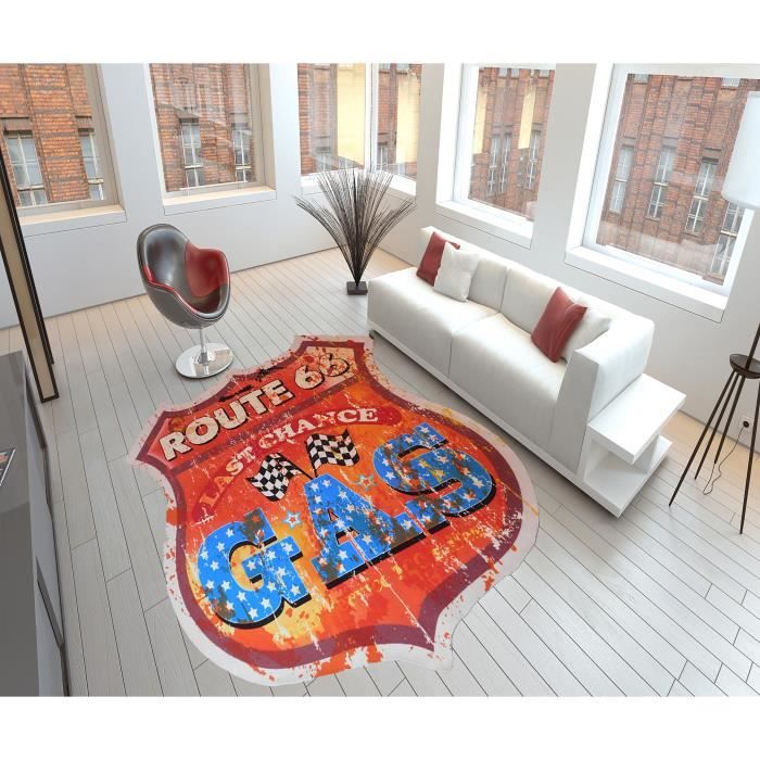 Tapis salon ROUTE 66 USA VINTAGE rouge orange DEBONSOL - 190x190cm