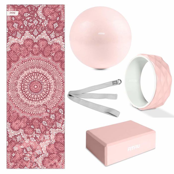 Kit 5 accessoires de yoga KITWELL-500 ROSE, tapis, bloc, fitball, sangle d'exercice, wheel - FITFIU Fitness