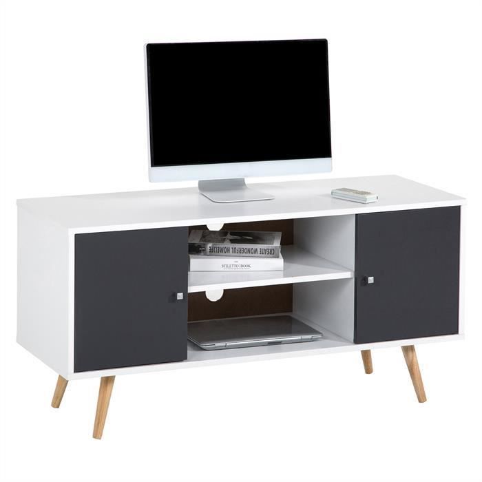 Meuble TV MURCIA banc télé 110 cm style scandinave design vintage avec 2 niches et 2 portes, décor blanc mat et gris anthracite