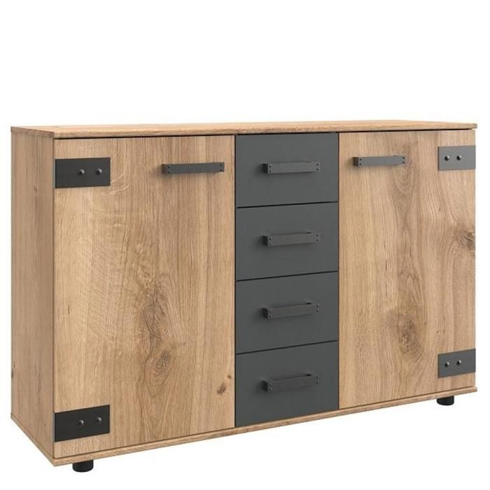 Commode Buffet VERNON style industriel chêne poutre tiroirs graphite bi color Metal Inside75