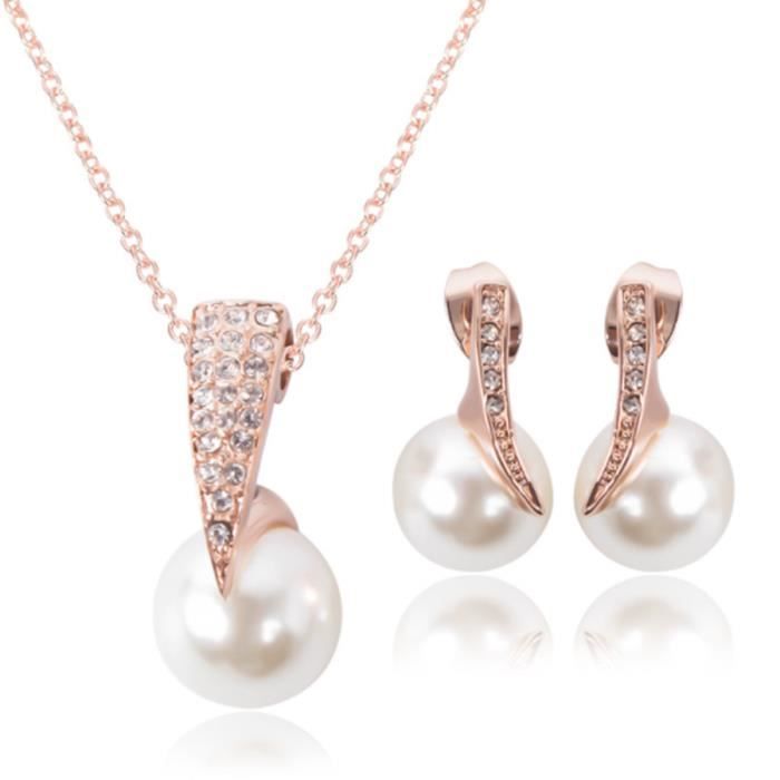 Parure de Bijou Ensemble Boucles d'Oreilles+Collier Perle Naturelle Strass Bijoux Mariée Accesoire Pendentif