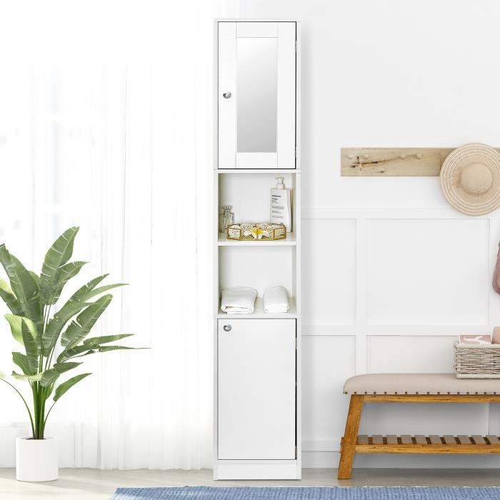 Meuble Colonne de Salle de Bain - Meuble de Rangement Moderne - Blanc - 2 Portes, 1 Miroir, 6 étagères, 180x30x28cm - MONDEER