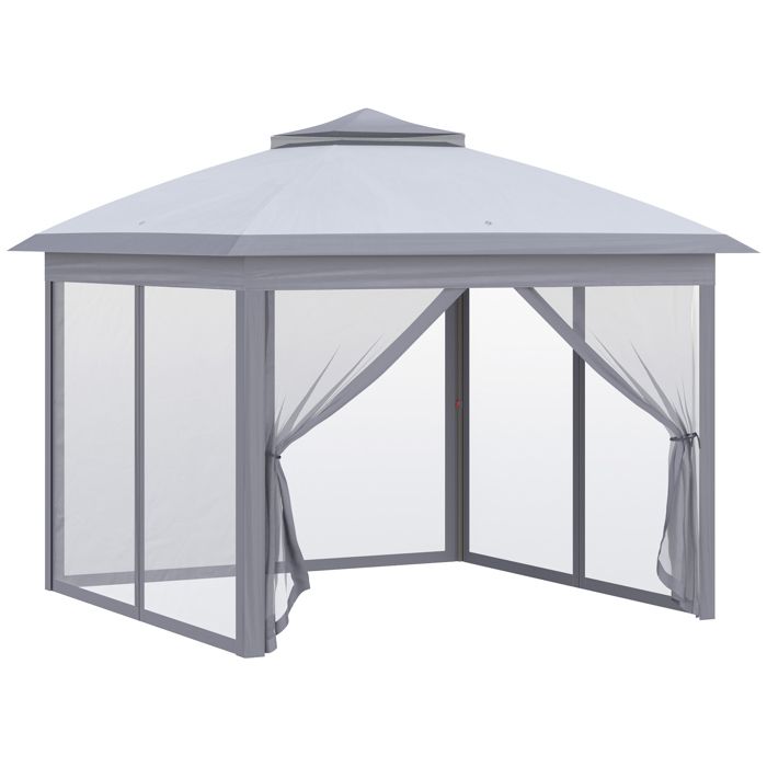 Tonnelle barnum de jardin pop-up pliant - 3,30L x 3,30l x 2,88H m - hauteur réglable, double toit, sac - moustiquaire - gris