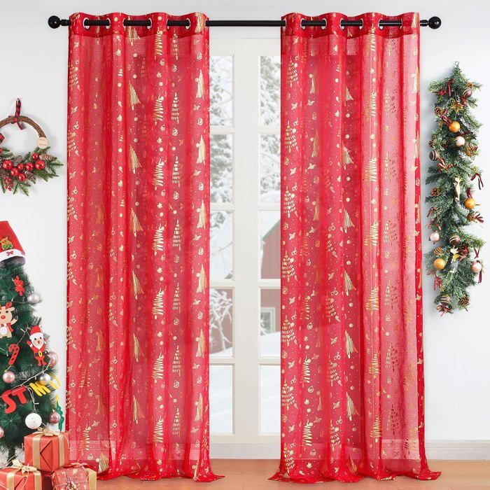 Rideaux Voilage Imprimé Effet Noël - Lot De 2, 140x244 Cm, Motif Bonhomme De Neige, Pour Salon/chambre/cuisine