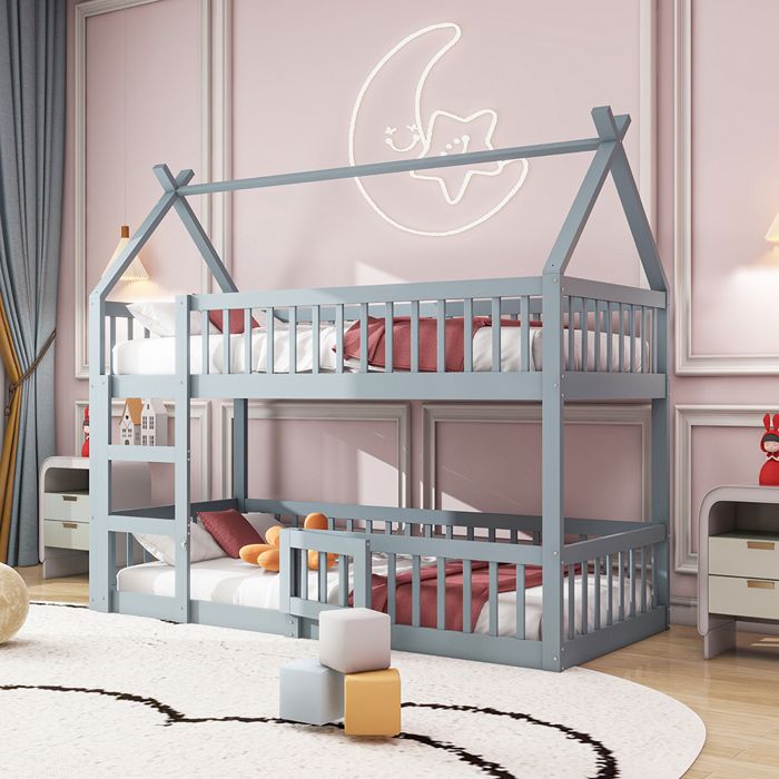 Lit cabane Lit superposé avec escalier 90x200 cm Lit familial pour enfants Lit Loft Design en bois massif Gris Lit cabane Lit superposé avec escalier 90x200 cm Lit familial pour enfants Lit Loft Design en bois massif Gris