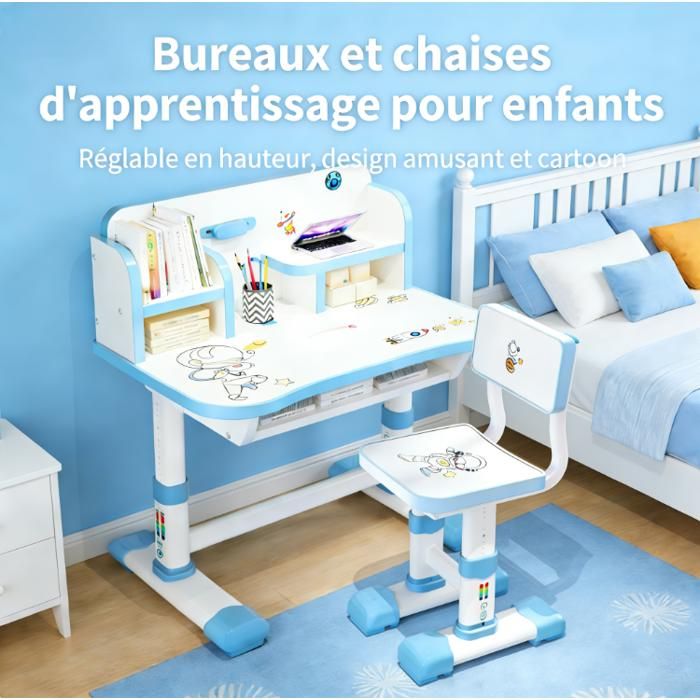 Ensemble de bureau et de chaises fonctionnels pour enfants réglables en hauteur avec motif de dessin animé (bleu)