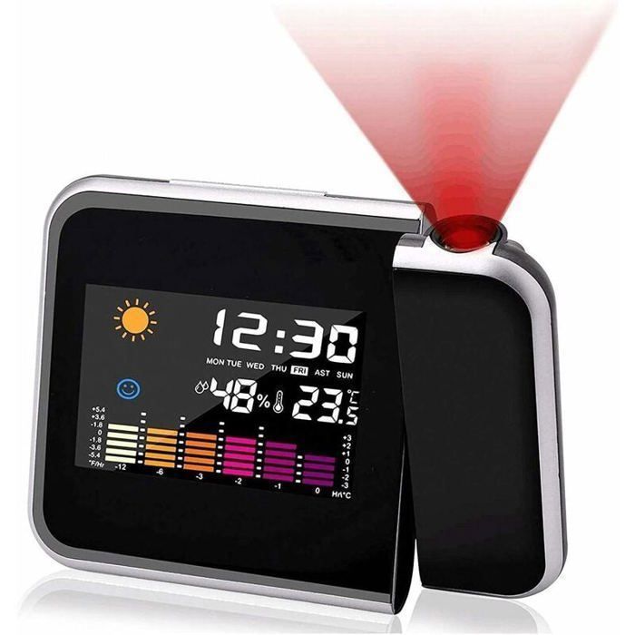 Kalawen Réveil à projection avec capteur extérieur, station météo personnelle pour chambre à coucher, projecteur à intensité variable, double alarme, affichage LCD, date, heure, température, humidité