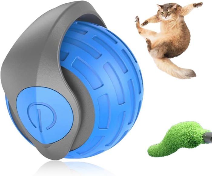 Comparer les prix de Jouet interactif pour chat avec queue remplaçable, balle plastique rayée rechargeable USB, mouvement aléatoire - Bleu