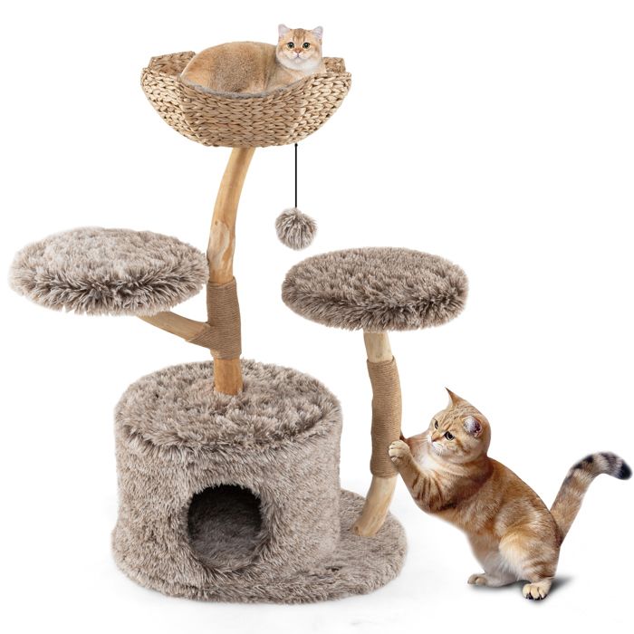 Comparer les prix de COSTWAY Arbre à Chat Multi-Niveaux 105 cm, Tronc en Bois de Poirier Massif, Perchoir, Griffoirs en Sisal, Balle Suspendue, Naturel