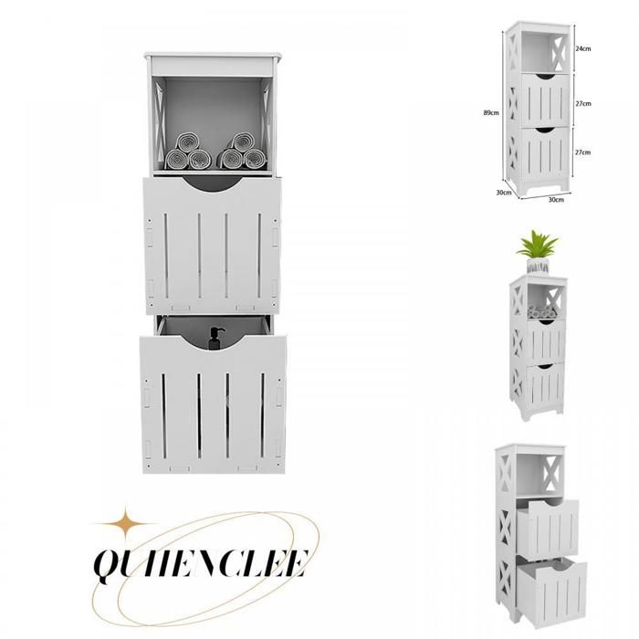 Armoire de salle de bain - 30*30*89cm- Panneau PVC écologique - Armoire de rangement avec deux tiroirs - QUIIENCLEE