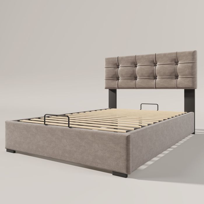 Lit Double Capitonné Velours 140x200 Cm - Tête De Lit Réglable, Pieds En Fer Doré, Forme Coquillage - Beige - 1