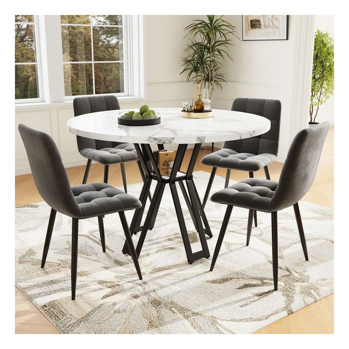 Ensemble Table et Chaises Salle a Manger Ronde de 100 cm Table a Manger avec 4 Chaises en Velours Gris Pieds de Table Noir