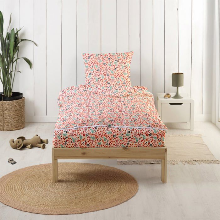 Parure de Lit Enfant Rechange Caradou® Fleurs en Coton 3 pièces - Couchage tout-en-un sans couette - 90x190cm - BLEU CALIN