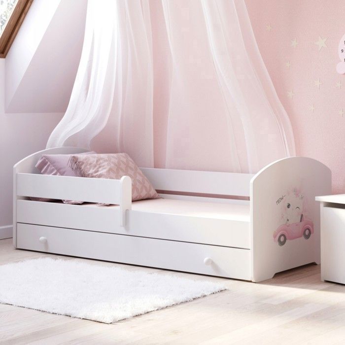 Lit pour enfant LUK – Blanc 140 x 70 cm avec barrière tiroir et matelas – avec graphique chaton
