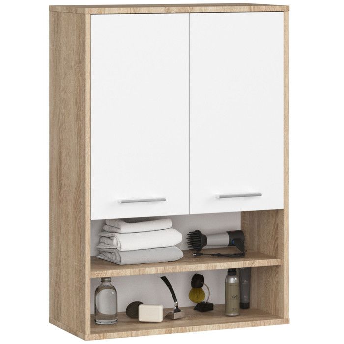 Armoire salle de bains suspendue AKORD FIN Chêne Sonoma 64 cm 2 portes façade Blanche 4 étagères 64x30x94 cm Armoire salle de bains suspendue AKORD FIN Chêne Sonoma 64 cm 2 portes façade Blanche 4 étagères 64x30x94 cm