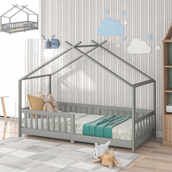 Lit cabane enfant - 200x90 cm - Bois massif gris - Sommier à lattes inclus - Barrières de sécurité