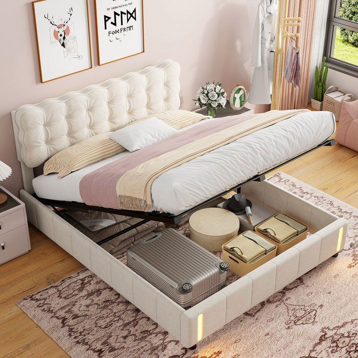 Lit coffre 160x200 velours beige avec LED détecteur sommier à lattes & rangement hydraulique