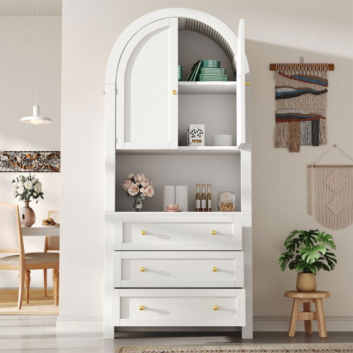 Buffet Salon de CuisineArmoire HauteVitrine avec 3 Tiroirs2 Porte Multi-Rangement70x35x180cmNoir