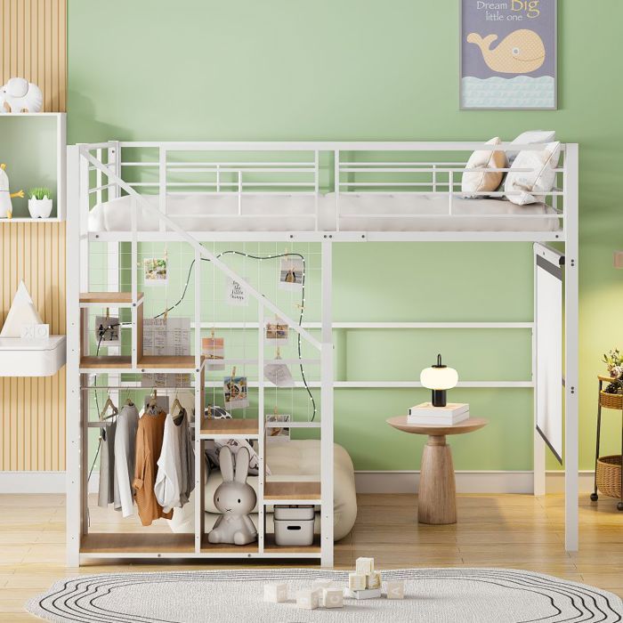 Lit mezzanine enfant 140x200 cm blanc - Échelle de sécurité cadre fer & rangement - Jeune et pratique - sans Matelas Lit mezzanine enfant 140x200 cm blanc - Échelle de sécurité cadre fer & rangement - Jeune et pratique - sans Matelas
